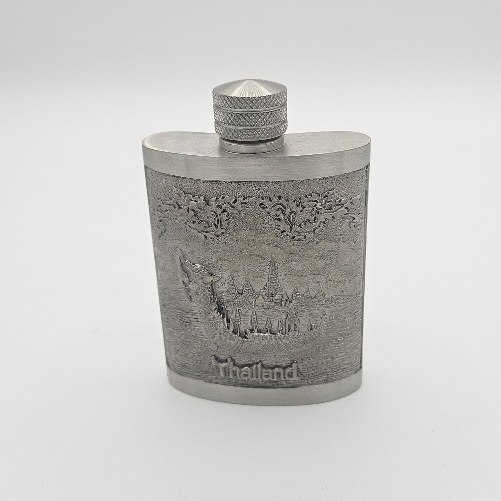 Thailand Oriental Pewter Flask 4” Tin 97%
